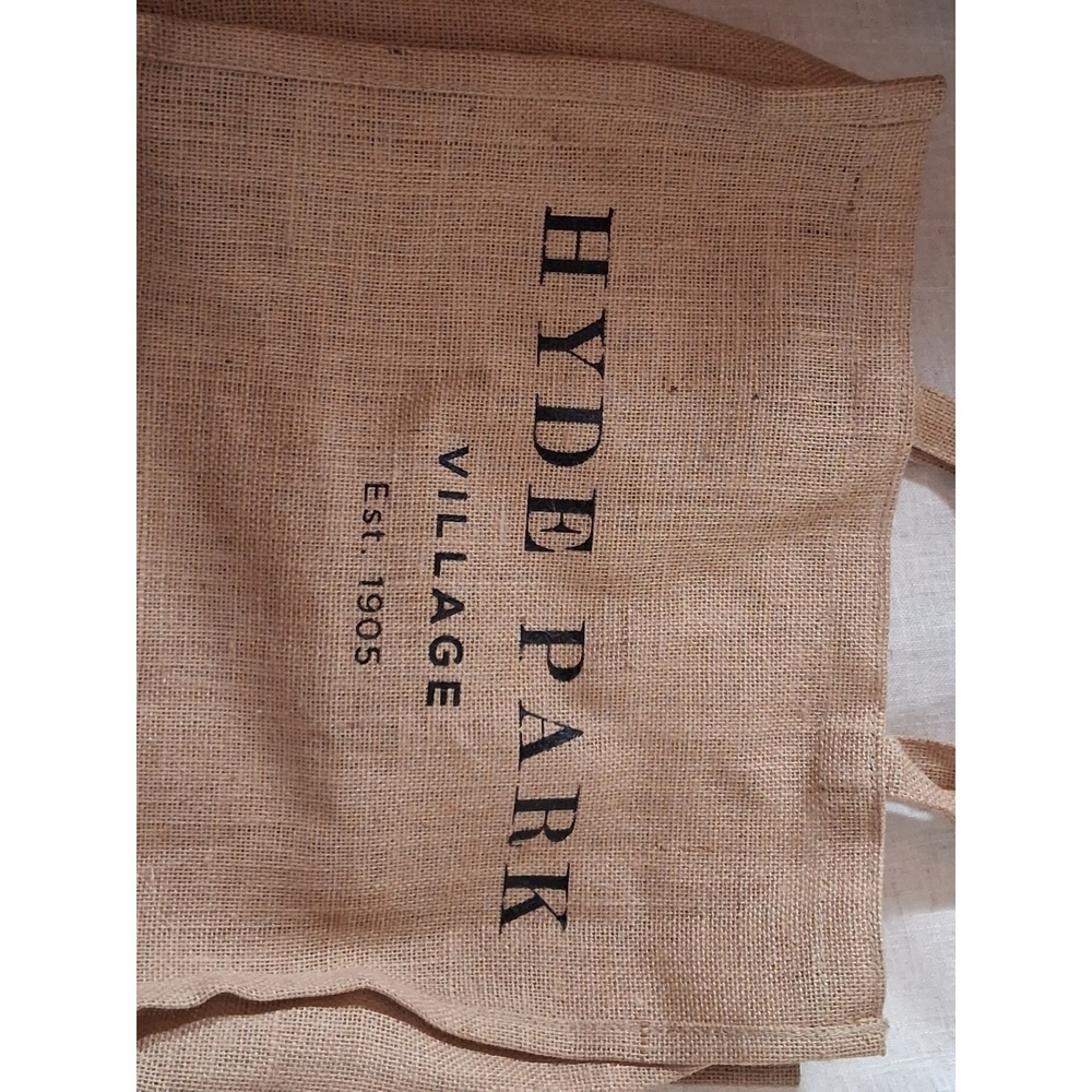 Hyde Park Village Burlap Jute Tote Bag Tan Brown Market Shopper Bag Est 1905 - Picture 7 of 7
